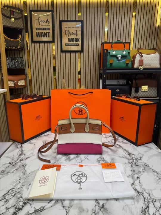 Hermes Limited Edition Colorblock Birkin Leather Top Handle Bag With Crossbody Strap Including Box And Carry Bag - Image 2