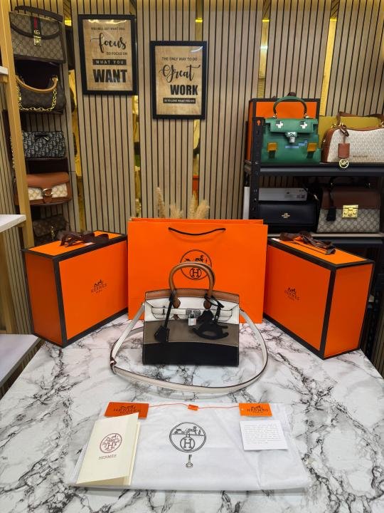 Hermes Limited Edition Colorblock Birkin Leather Top Handle Bag With Crossbody Strap Including Box And Carry Bag