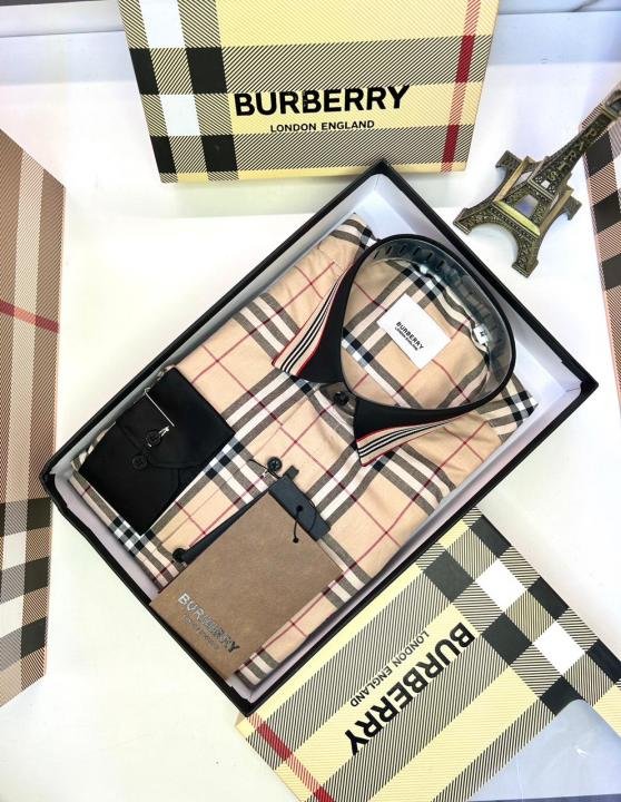 Burberry Burberry Checks Embroidery Logo Beige Premium Shirt With Brand Box Packing And Carry Bag F3542-be - Image 7