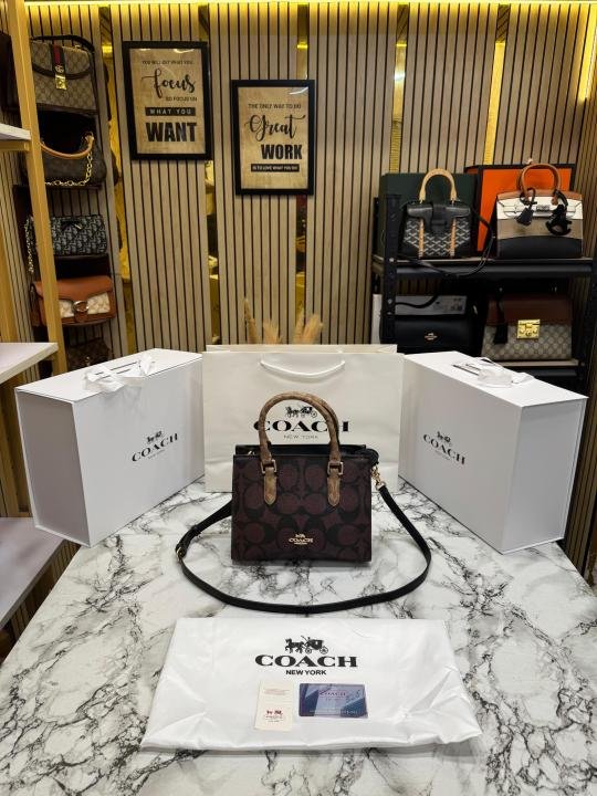 Coach Maggie Signature Monogram Canvas Top Handle Crossbody Bag With Magnetic Box Including Carry Bag