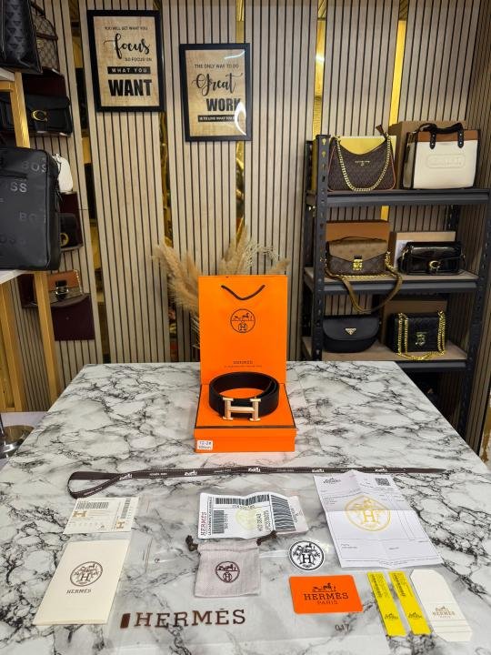 Hermes Black Leather Belt With Golden H Buckle Full Set Includes