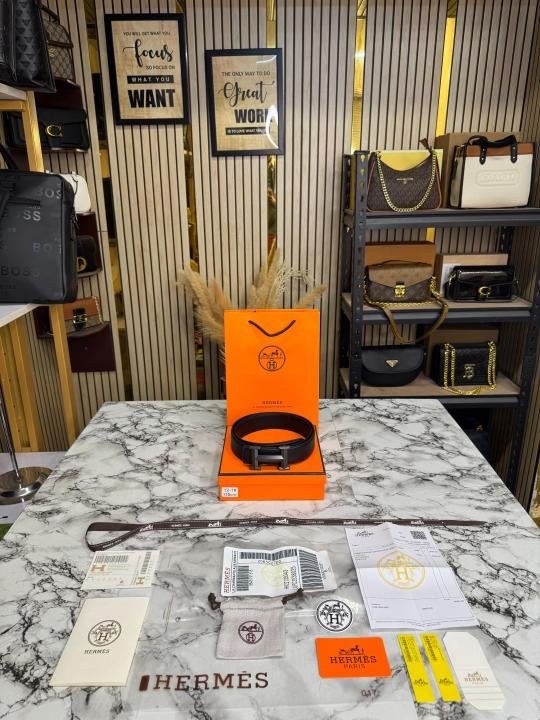 Hermes Black Leather Belt With Matte Black H Buckle Full Set Includes