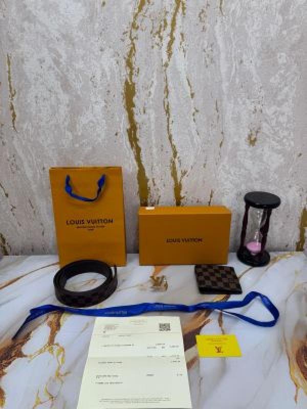 Louis Vuitton BROWN CHECKS PREMIUM BELT & WALLET COMBO WITH OG MAGNATIC BOX DUST BAG CARRY BAG L63