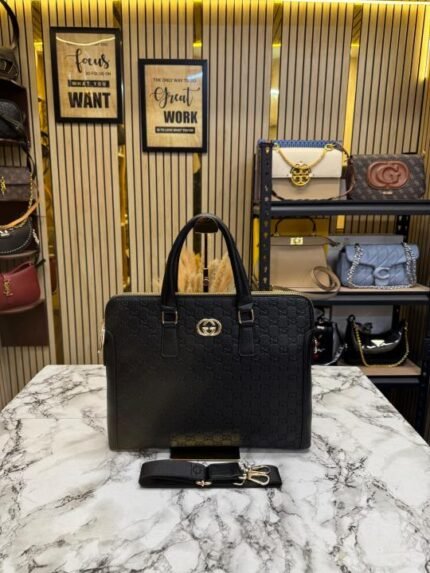 Gucci GG Monogram Embossed Executive Laptop Bag With Gold Logo And Strap - Best Price Online - Bootery