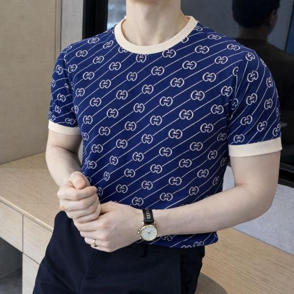Buy Gucci Gucc Monogram Imported Navy knitted Super Premium Round Neck T-shirt F3511-NY Online in India - Bootery